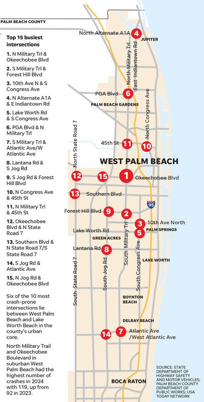 Palm Beach County's most dangerous intersections mapped.