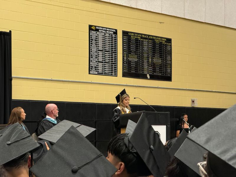 Senior Class President Laura Lopez Cruz gives a speech to graduates at Golden Gate High School on May 22, 2026.
