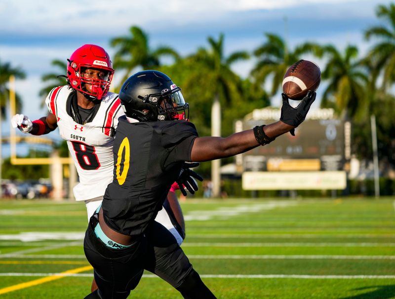 Bishop Verot Vikings receiver Dee Fletcher (0) makes a one-handed grab in the end zone for a touchdown during the first quarter of a spring football game against the South Fort Myers Wolfpack at Bishop Verot High School in Fort Myers, Fla., on Friday, May 22, 2026.
