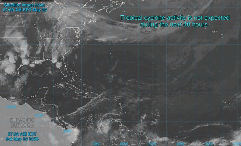 Shown is the Saturday, May 23, 2026, satellite map from the National Hurricane Center in Miami, Florida. Tropical cyclone activity was not expected just days before the Atlantic hurricane season begins.