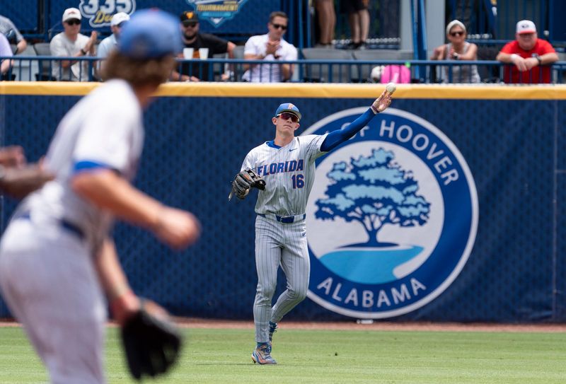 Florida Gators' Hayden Yost (16) throws the ball in as Georgia Bulldogs take on Florida Gators during the SEC baseball tournament at Hoover Metropolitan Stadium in Hoover, Ala. on Saturday, May 23, 2026.