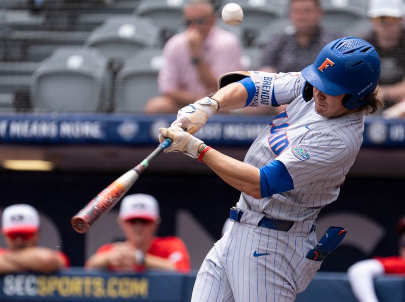 Florida Gators' Brendan Lawson (11) foul tips the ball as Georgia Bulldogs take on Florida Gators during the SEC baseball tournament at Hoover Metropolitan Stadium in Hoover, Ala. on Saturday, May 23, 2026.