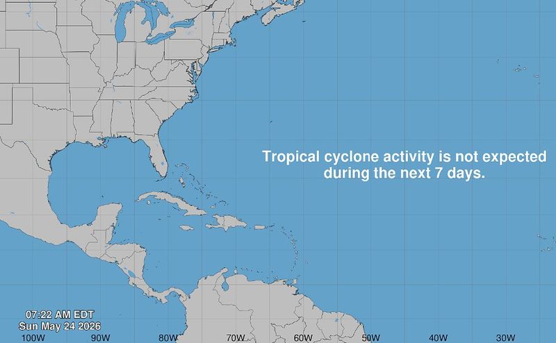 Shown is the Sunday, May 24, 2026, tropical advisory map from the National Hurricane Center in Miami, Florida, just ahead of hurricane season.