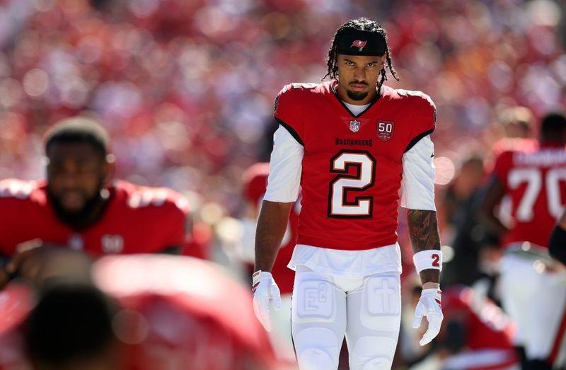 Nov 30, 2025; Tampa, Florida, USA; Tampa Bay Buccaneers wide receiver Emeka Egbuka (2) before a game against the Arizona Cardinals at Raymond James Stadium. Mandatory Credit: Nathan Ray Seebeck-Imagn Images
