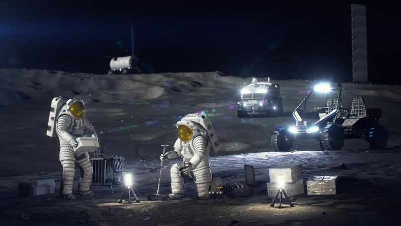 An artist’s concept of astronauts working on the lunar surface.