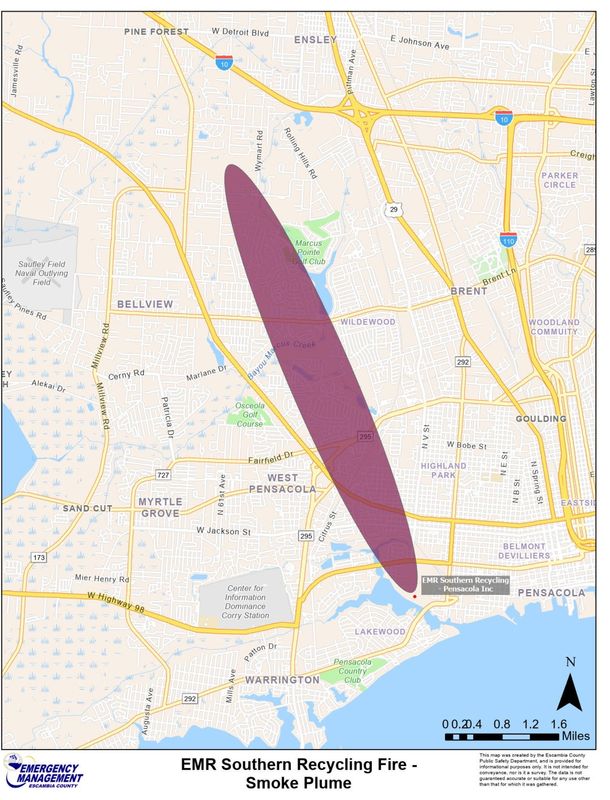 Escambia County Emergency Management says residents in and near the outlined area as a smoke plume from the EMR Southern Recycling fire is projected to move north of Brent Lane.