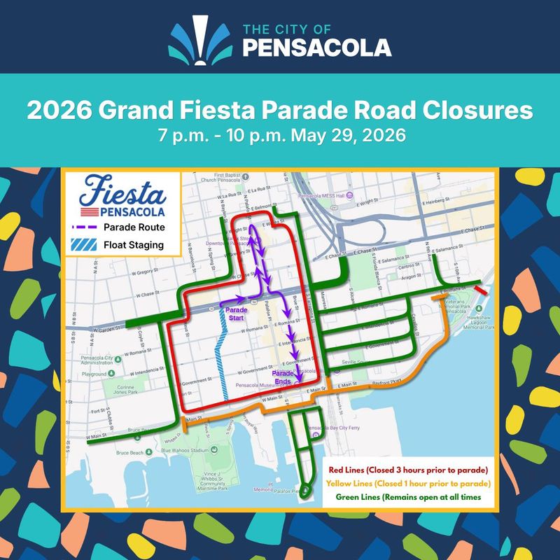 Road closures will be in effect in downtown Pensacola on Friday, May 29, 2026, for the annual Grand Fiesta Parade.