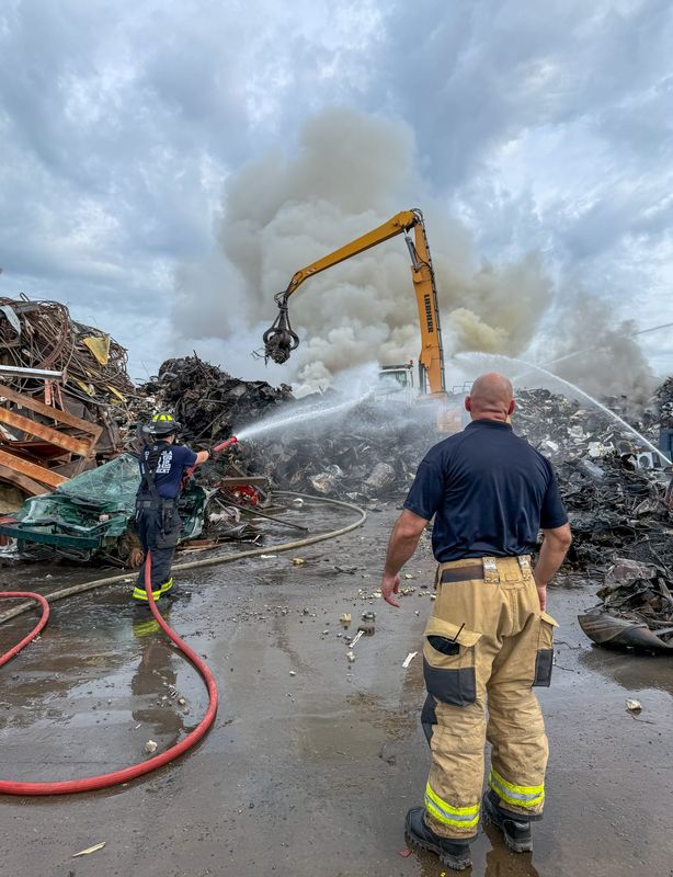 Pensacola Fire Department crews respond to a blaze at EMR Southern Recycling at 1000 S. Myrick St. on May 26, 2026. They say it's the fourth fire at the facility in two years and more work needs to be done to help prevent them.