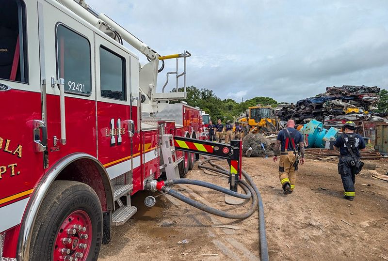 Pensacola Fire Department crews respond to a blaze at EMR Southern Recycling at 1000 S. Myrick St. on May 26, 2026. They say it's the fourth fire at the facility in two years and more work needs to be done to help prevent them.