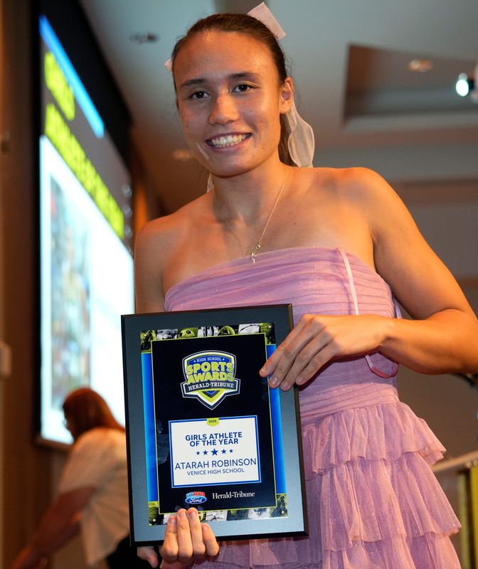 Atarah Robinson of the Venice High track & field team was awarded the girls athlete of the year. The Herald-Tribune’s Sarasota-Manatee High School Sports Awards was held Tuesday evening, May 26, 2026 at The Ora in Sarasota. The event recognizes the best student athletes from fall, winter and spring high school sports seasons.