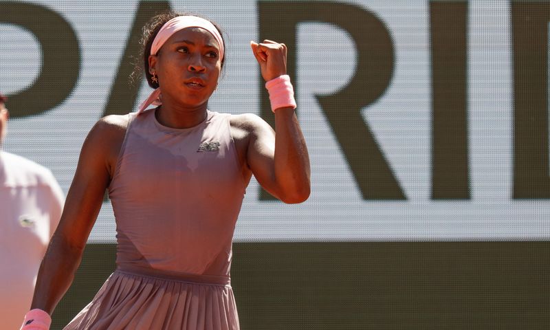 May 26, 2026; Paris, France; Coco Gauff of the United States reacts during her match against Taylor Townsend of the United States on day three at Stade Roland Garros. Mandatory Credit: Susan Mullane-Imagn Images