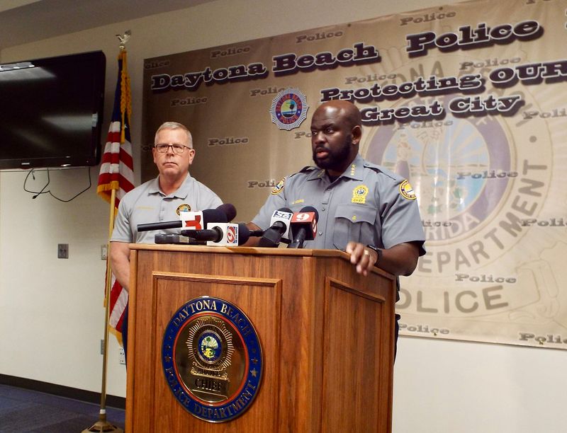 Daytona Beach Police Chief Jakari Young briefs the media on the search for a homicide suspect wanted in Alachua County.