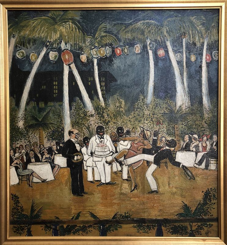 Original painting on canvas by Roswell S. Kelly depicting a cakewalk dance held at the Royal Poinciana Hotel. Kelley, who appears in the foreground in a black tuxedo, served as master of ceremonies for the dance and party.