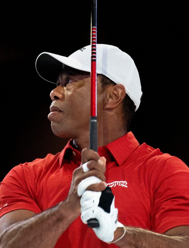 Tiger Woods of Jupiter Links GC warms up before match against Los Angeles Golf Club at TGL finals at SoFi Center on March 24, 2026, in Palm Beach Gardens, Florida.