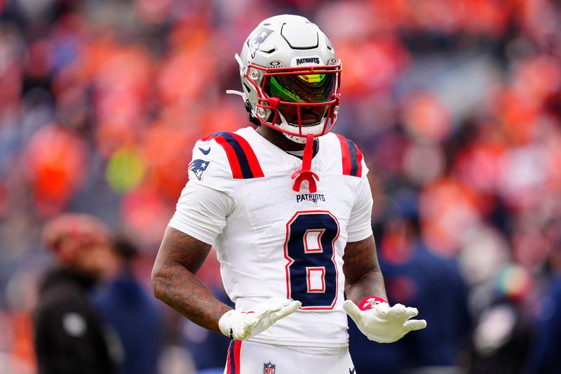 New England Patriots wide receiver Stefon Diggs (8) practices before the 2026 AFC Championship Game at Empower Field at Mile High.