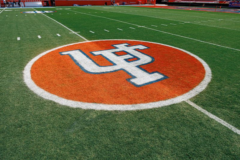 Oct 18, 2025; Gainesville, Florida, USA; A vintage version of the Florida Gators logo is painted on the field before a game against the Mississippi State Bulldogs at Ben Hill Griffin Stadium. Mandatory Credit: Matt Pendleton-Imagn Images