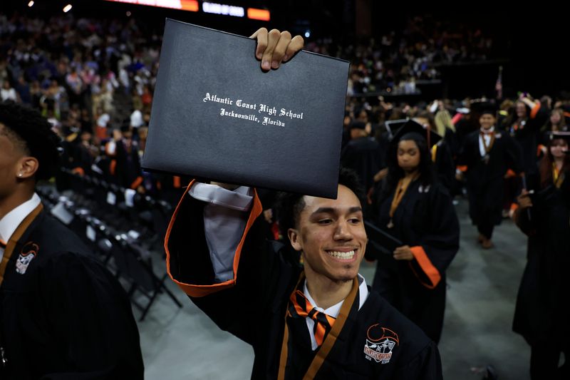 Dionnedre Bradshaw holds up his diploma during a commencement ceremony for Atlantic Coast High School at VyStar Veterans Memorial Arena, Wednesday, May 27, 2026, in Jacksonville, Fla. The school graduated 663 students.
