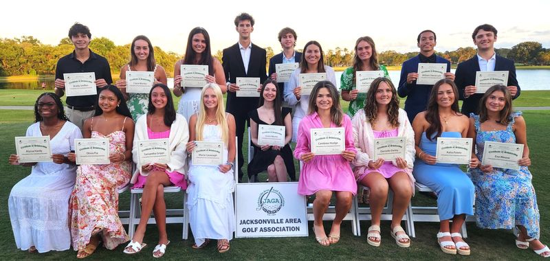 The Jacksonville Area Golf Association Class of 2026 Scholars: Back row (left to right): Brady Steffen, Claire Worley, Devin Thomassen, Harrison Grunewald, Andrew Sharkey, Riley Spencer, Katherine Libby, William David Lyle, Alexander Clessuras. Front row (left to right): Alyssa Hardy, Olivia Pia, Samantha Grippi, Maria Cavanagh, Grace Martin, Cambree Hodge, Danielle Dailey, Kalia Polete, Eva Meuse.