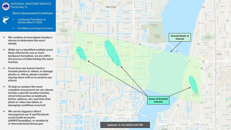 A National Weather Service illustration shows the location of three tornadoes that touched ground in the Cape Coral-Fort Myers area on May 17. Winds were close to that of a Category 1 hurricane at 75 miles per hour.