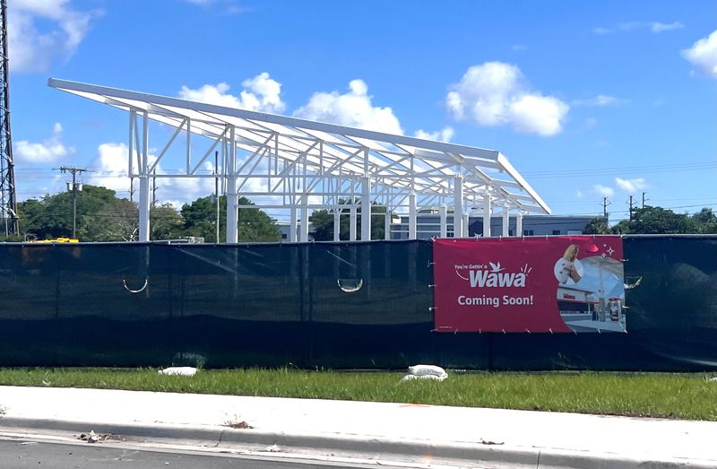 A Wawa convenience store and gas station under construction on the northwest corner of 45th Street and Military Trail in West Palm Beach in May 2026.