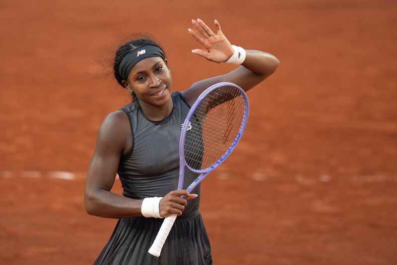 May 28, 2026; Paris, France; Coco Gauff of the United States celebrates winning her match against Mayar Sherif of Egypt on day five at Stade Roland Garros. Mandatory Credit: Susan Mullane-Imagn Images