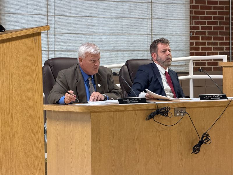 Flagler Beach City Manager Dale Martin (left) and City Attorney Drew Smith, May 28, 2026.