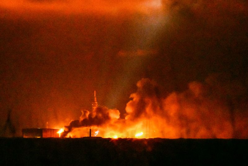 The Blue Origin New Glenn launch pad, seen in flames from Cocoa Beach shortly after 9 p.m. May 28, was the site of a rocket anomaly at Cape Canaveral Space Force Station.