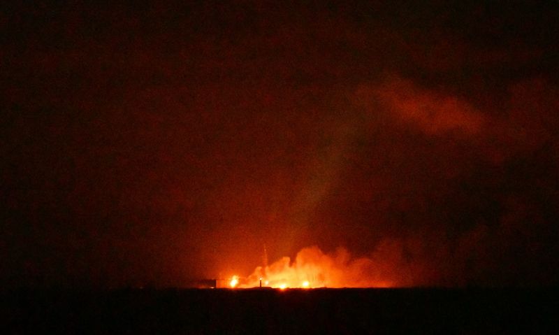 The Blue Origin New Glenn launch pad, seen here in flames in a shot from Cocoa Beach, was the site of an explosion at Cape Canaveral Space Force Station on Thursday, May 28.