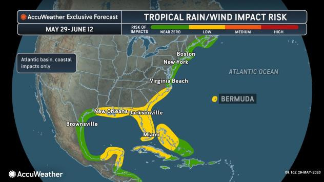 Tropical rain and wind impact risks for May 29 through June 12, 2026.