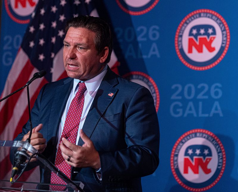 Florida Governor Ron DeSantis speaks during the New York Republican State Committee Annual Gala at the Plaza Hotel in Manhattan on May 19, 2026.
