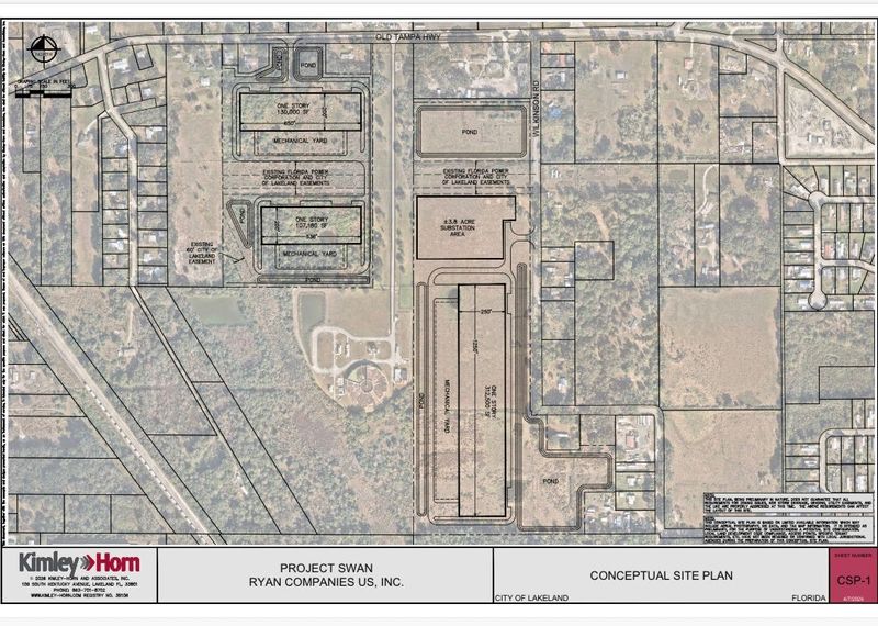 This conceptual site plan from Kimley Horn shows a proposed data center consisting of three buildings and a 3.8-acre substation off Old Tampa Highway and Wilkinson Road in Lakeland.