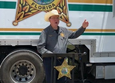 Polk County Sheriff Grady Judd provides details May 29, 2026, about human bones that were found in a nearby pasture near Fish Hatchery and Morgan Combee roads in unincorporated Lakeland.