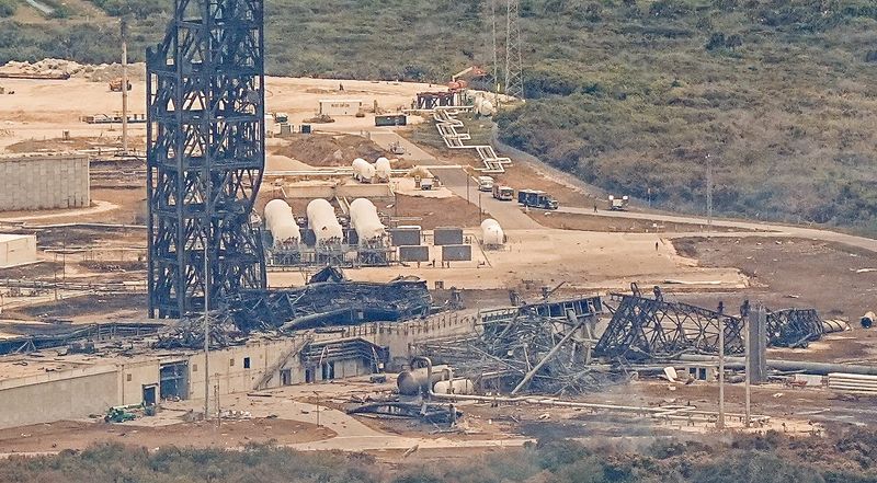 Aerials of damage to Blue Origin's facilities at Launch Complex 36 on Cape Canaveral Space Force Station on May 29, 2026. The New Glenn rocket exploded during a fueling test May 28.