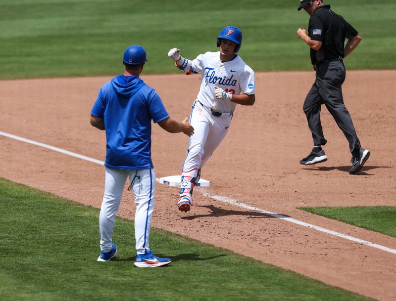 Florida infielder Landon Stripling (13) celebrates a home run against the Rider during the 2016 NCAA Baseball Championship Gainesville Regional baseball game at Condron Family Ballpark in Gainesville, FL on Friday, May 29, 2026. [Alan Youngblood/Gainesville Sun]