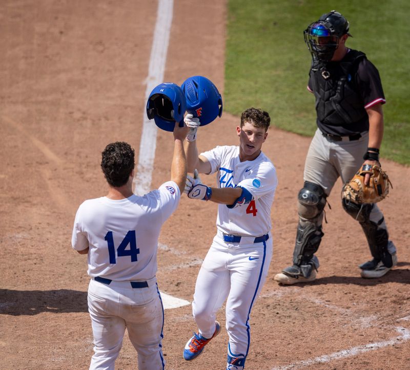 Florida's infielder Cade Kurland (4) with a home run against Rider in Game 1 of the NCAA Gainesville Regional at Condron Family Ballpark in Gainesville, Florida, Friday, May 29, 2026. The Gators beat the Broncs 8-7. [Cyndi Chambers/ Gainesville Sun] 2026