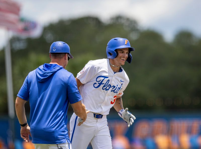 Florida's outfielder Kyle Jones (3) with a homer in the bottom of the first inning against Rider in Game 1 of the NCAA Gainesville Regional at Condron Family Ballpark in Gainesville, Florida, Friday, May 29, 2026. The Gators beat the Broncs 8-7. [Cyndi Chambers/ Gainesville Sun] 2026