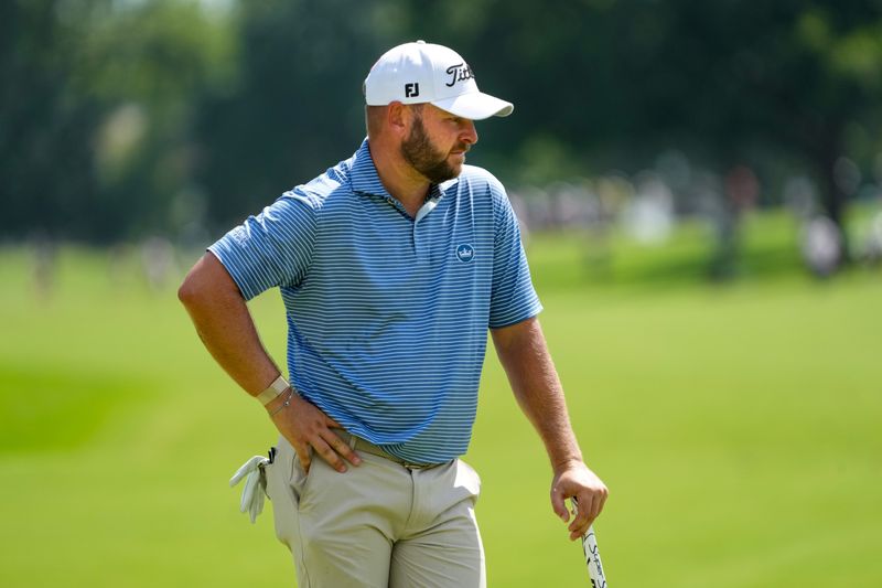 May 29, 2026; Fort Worth, Texas, USA; Jordan Smith stands on the 11th green during the second round of the Charles Schwab Challenge golf tournament. Mandatory Credit: Raymond Carlin III-Imagn Images