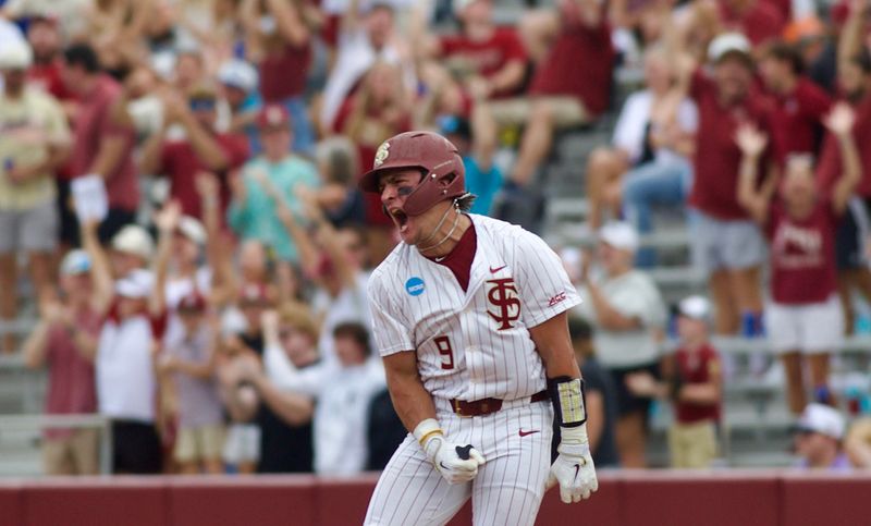John Stuetzer celebrates a home run for FSU baseball as they host St. John’s in the NCAA Tallahassee Regional on Friday, May 29, 2026 at Dick Howser Stadium.