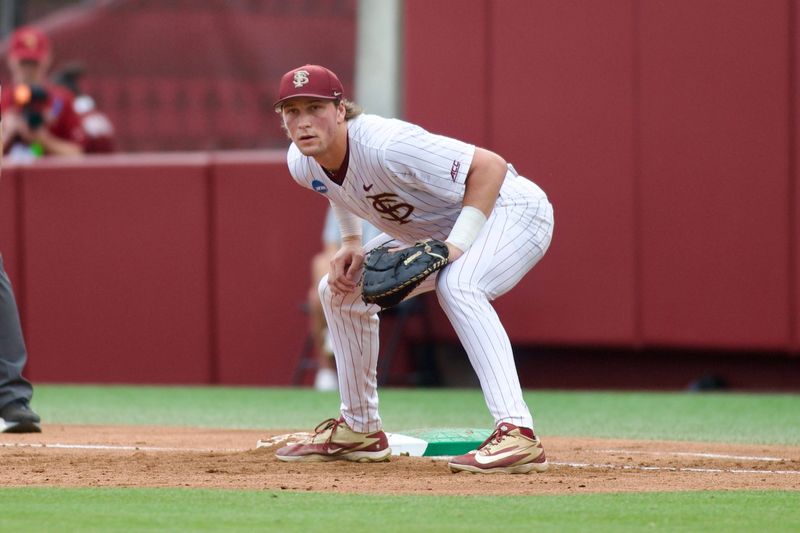 Ben Barrett awaits a pickoff attempt as FSU baseball hosts St. John’s in the NCAA Tallahassee Regional on Friday, May 29, 2026 at Dick Howser Stadium.