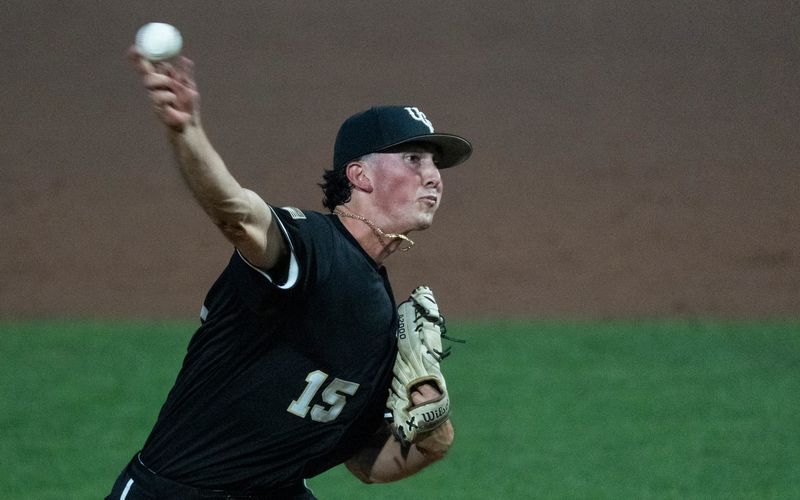 UCF Knights' Camden Wicker (15) pitches as NC State Wolfpack take on UCF Knights during the NCAA Regional Baseball tournament at Plainsman Park in Auburn, Ala. on Friday, May 29, 2026.