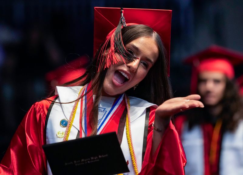 Sophia Vento-Iglesias blows a kiss to the camera after receiving her diploma during the commencement ceremony for the South Fort Myers High School Class of 2026 at Suncoast Credit Union Arena in Fort Myers, Fla., on Friday, May 29, 2026.
