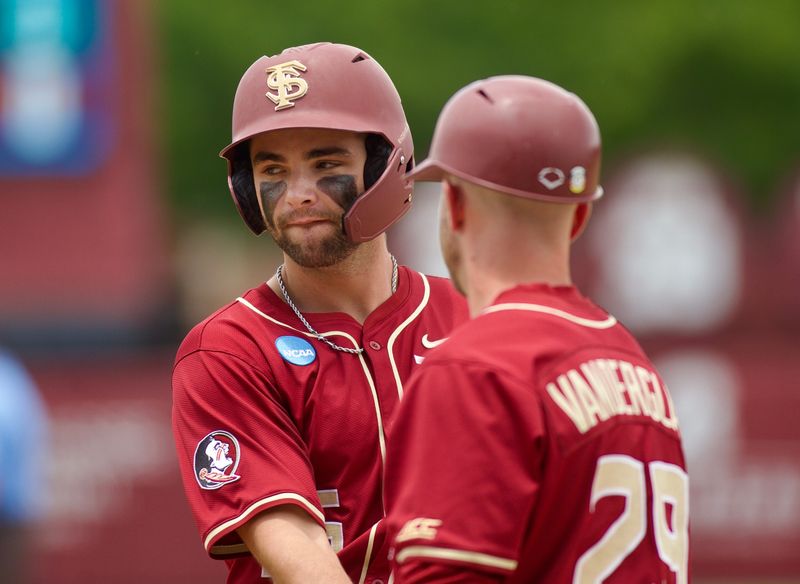 Hunter Carns gets a hit against Coastal Carolina in the NCAA Tallahassee Regional elimination game on Saturday, May 30, 2026, at Dick Howser Stadium.