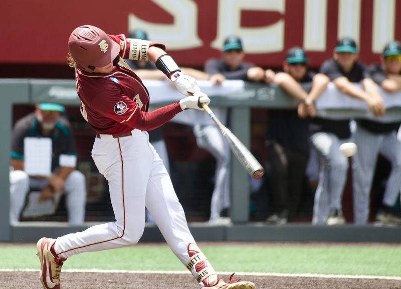 FSU baseball’s Ben Barrett hits a single against Coastal Carolina in the NCAA Tallahassee Regional elimination game on Saturday, May 30, 2026, at Dick Howser Stadium.
