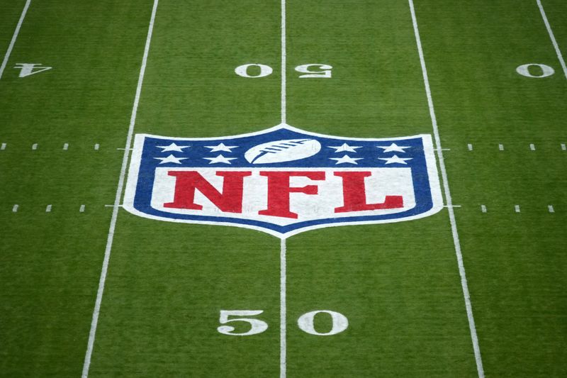 Sep 28, 2025; Dublin, Ireland; The NFL shield logo at midfield during an NFL International Series game between the Minnesota Vikings and the Pittsburgh Steelers at Croke Park. Mandatory Credit: Kirby Lee-Imagn Images