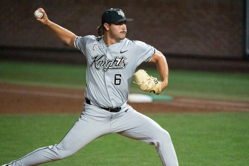UCF Knights' Kevin Schoneboom (6) pitches as Milwaukee Panthers take on UCF Knights during the NCAA Regional Baseball tournament at Plainsman Park in Auburn, Ala. on Saturday, May 30, 2026.