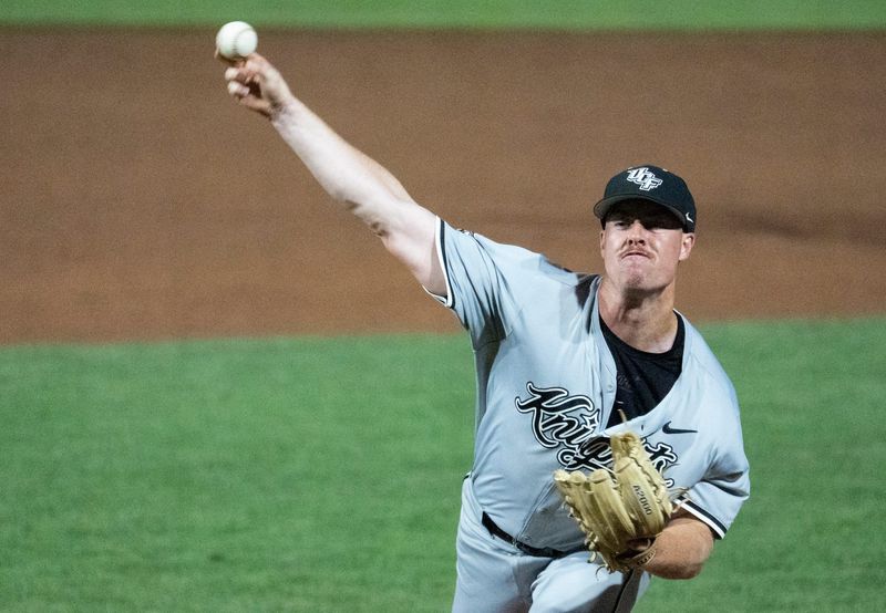 UCF Knights' Evan Jones (28) pitches as Milwaukee Panthers take on UCF Knights during the NCAA Regional Baseball tournament at Plainsman Park in Auburn, Ala. on Saturday, May 30, 2026.