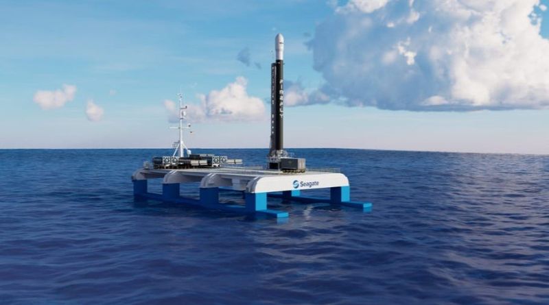 This artist's rendering depicts a Firefly Aerospace Alpha rocket atop a Seagate Space ocean launch platform