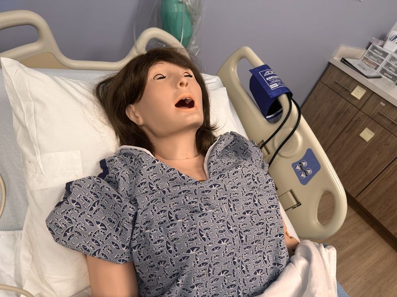 The Quanta-Honors and Health Technology Hall at Daytona State College features AI-powered mannequin simulators in hospital rooms for nursing training.