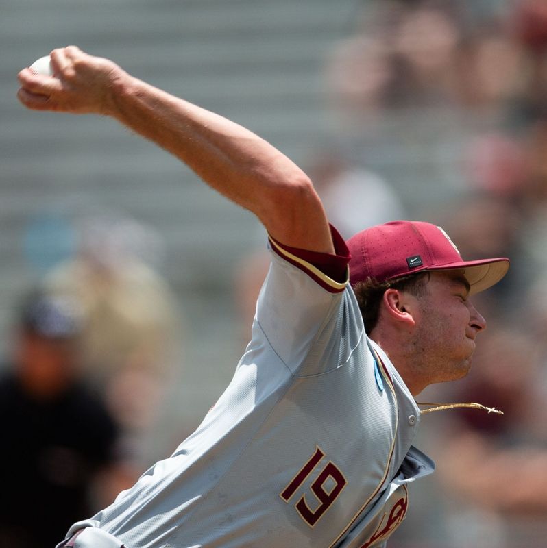 Florida State Seminoles pitcher John Abraham (19) winds up to pitch. The St. John's Red Storm defeated the Florida State Seminoles 5-4 in the Tallahassee Regional finals at Dick Howser Stadium on Monday, June 1, 2026.