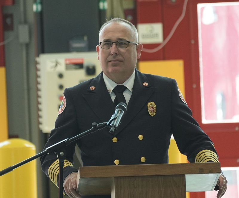 Fire Chief Dru Driscoll speaks to attendees during the ribbon-cutting ceremony for the new Fire Station 1 Headquarters museum and facility on June 2, 2026, in Daytona Beach.